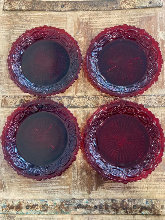Vintage Other - 4 Avon Ruby Red Glass Luncheon Salad Dessert Plates 1876 Cape Cod Sunburst Back